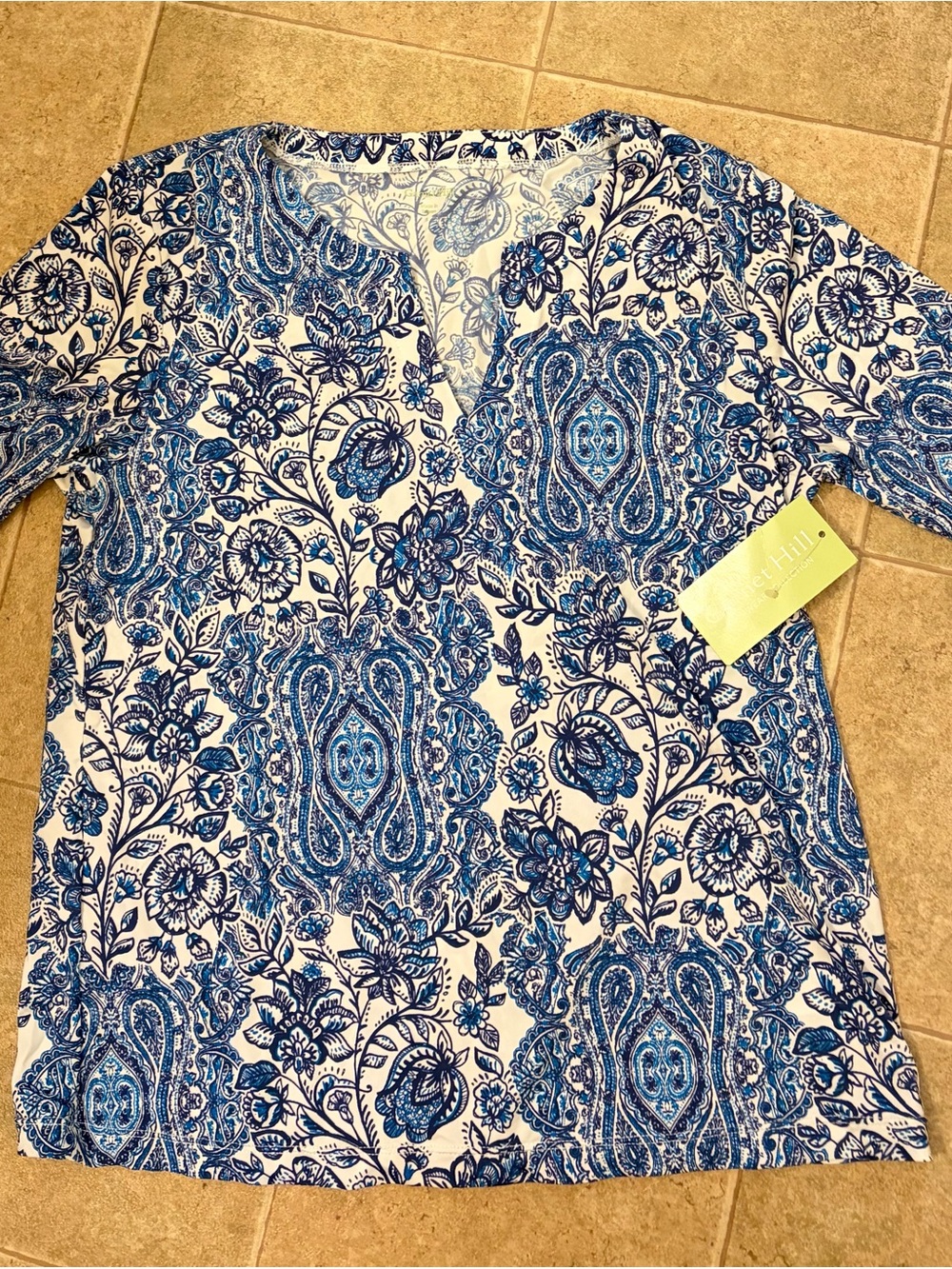 Garnet Hill Blue Paisley-Print V-Neck swim shirt (S)